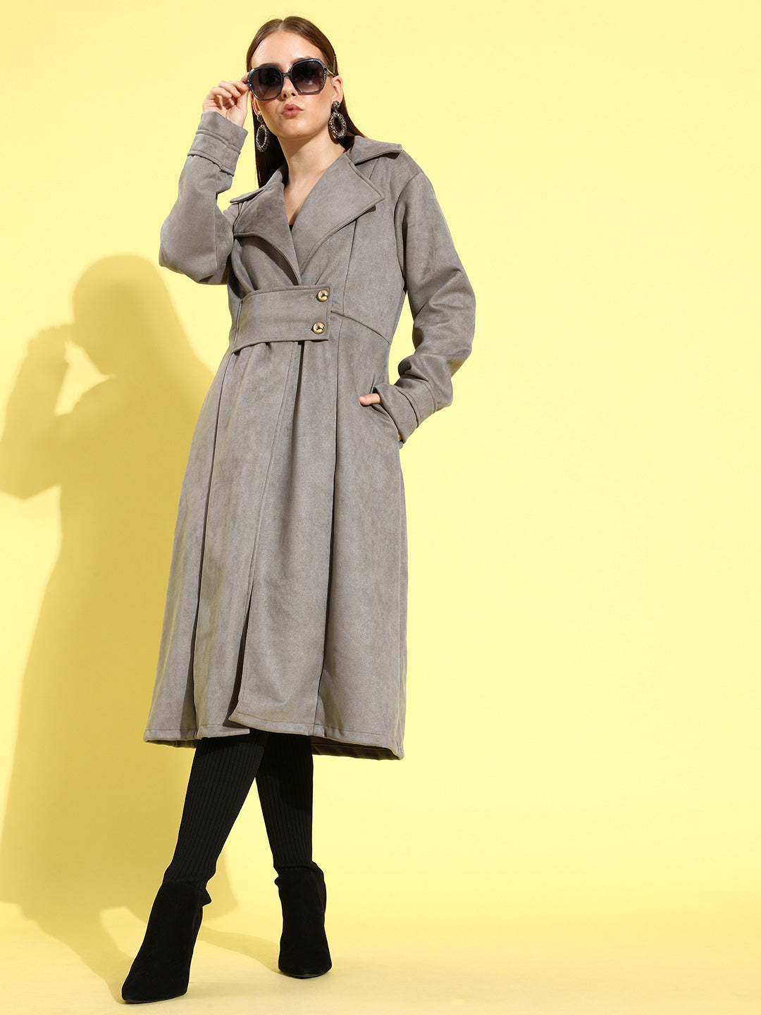 Athena Grey suede Trench-coat with waist lapel and pocket details - Athena Lifestyle