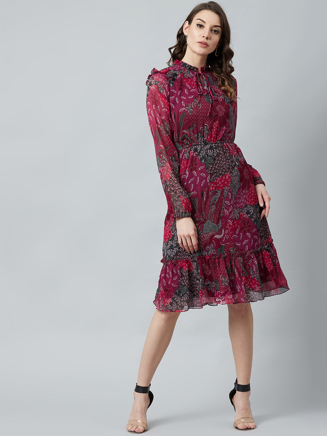 Athena Women Maroon Floral Printed Fit and Flare Dress - Athena Lifestyle