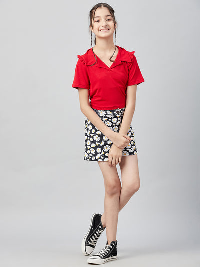 Athena Girl Girls Black Solid T-shirt & Printed Shorts Co-Ords - Athena Lifestyle