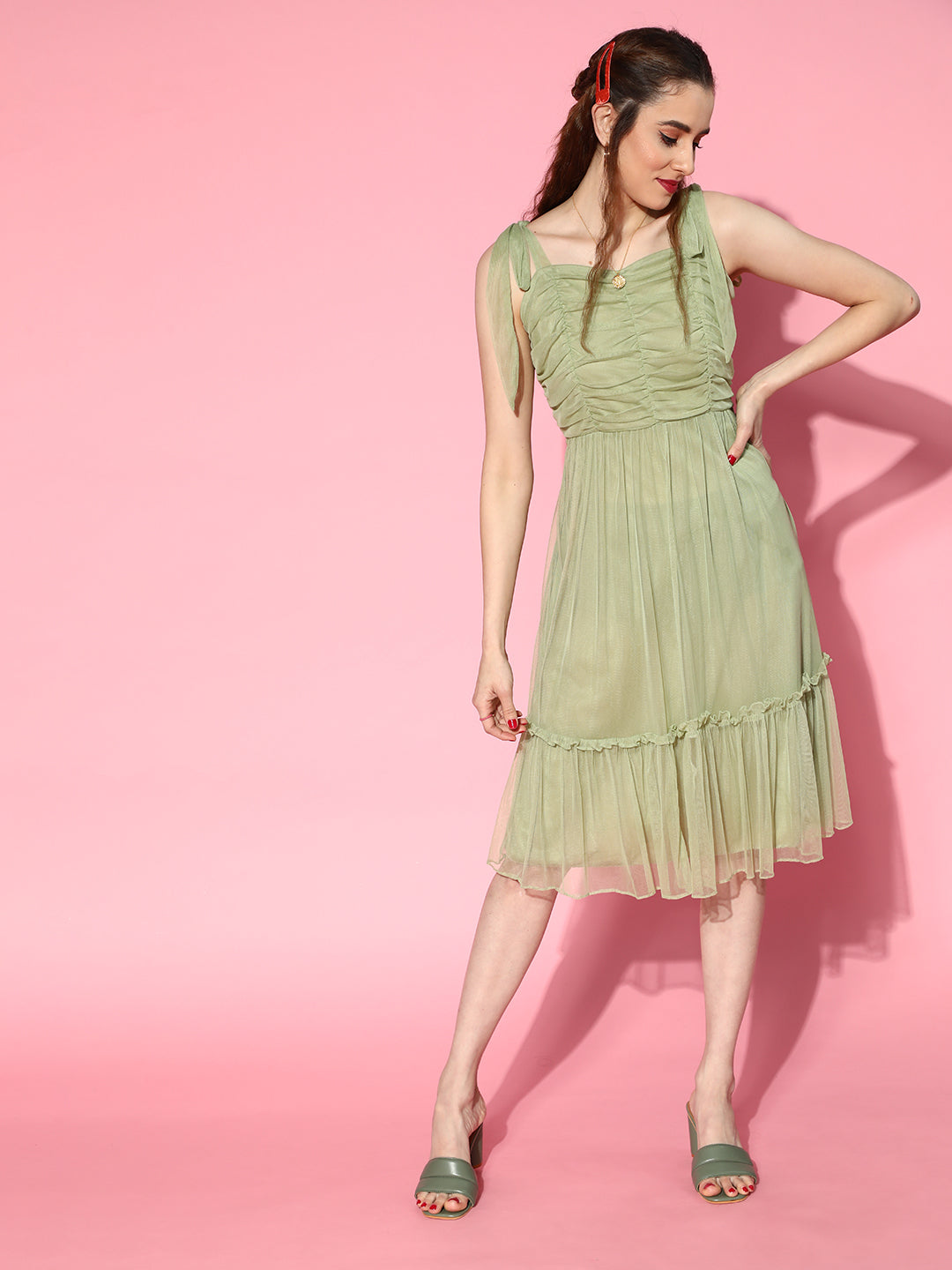 Athena Mint green ruffle tulle dress with straps and ruched yoke - Athena Lifestyle