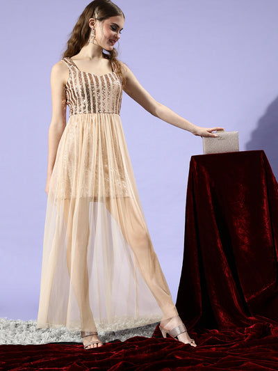 Athena Beige & Golden Sequinned Semi-Sheer Net Maxi Dress - Athena Lifestyle