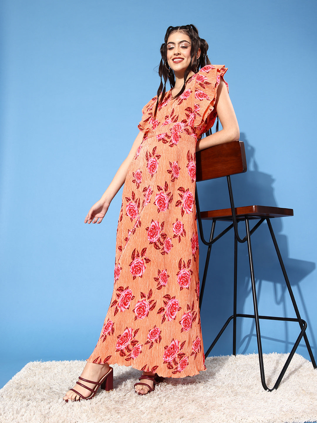 Athena Peach-Coloured & Pink Flutter Sleeves Floral Maxi Dress - Athena Lifestyle