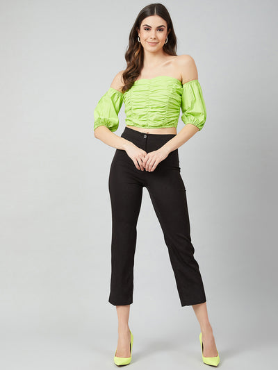 Athena Fluorescent Green Off-Shoulder Puff Sleeves Pure Cotton Bardot Crop Top - Athena Lifestyle