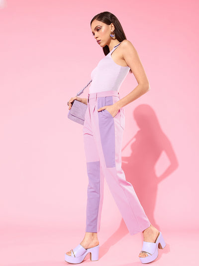 Athena Women Purple & Pink Colourblocked Smart High-Rise Easy Wash Trousers - Athena Lifestyle