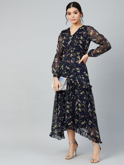 Athena Women Navy Blue Printed Fit and Flare Dress - Athena Lifestyle