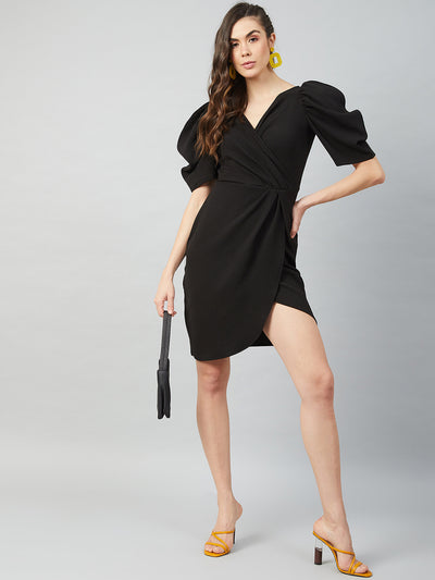 Athena Black Tulip Wrap Dress With Volume Sleeves - Athena Lifestyle