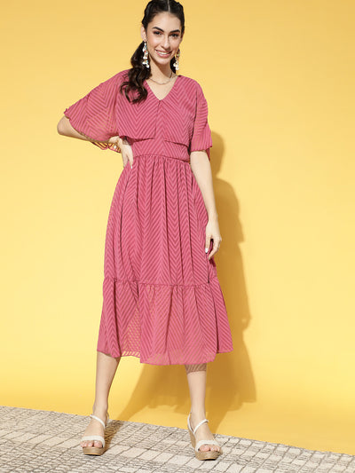 Athena Guava Pink zigzag dobby georgette v neck flair dress - Athena Lifestyle