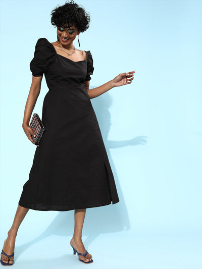 Athena Women Stylish Black Solid Sweetheart Neck Dress - Athena Lifestyle