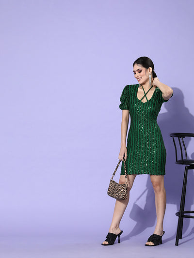 Athena Green Embellished Tie-Up Neck Sheath Mini Dress - Athena Lifestyle