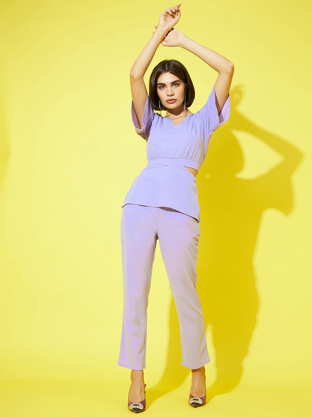 Athena Women Lavender Solid V-Neck Top and Trousers - Athena Lifestyle