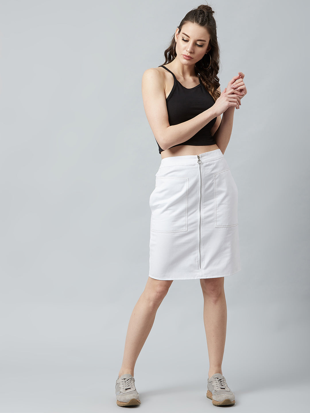 Athena Women White Solid Denim Straight Knee-Length Skirt - Athena Lifestyle