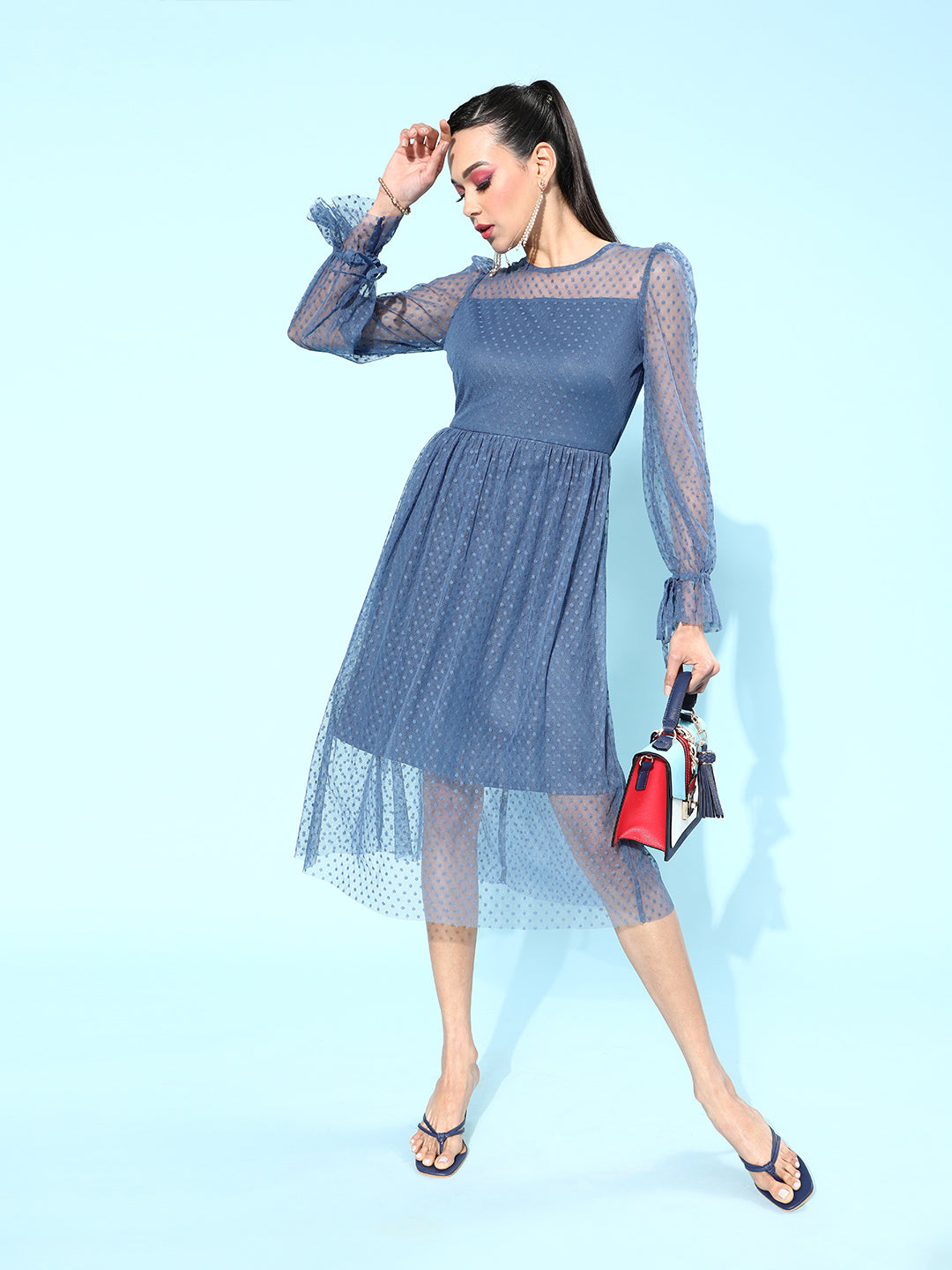 Athena Women Stunning Blue Self Design Tulle Dress - Athena Lifestyle