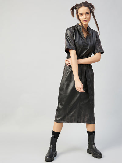 Athena Charocal Black Leather A-Line Midi Dress - Athena Lifestyle