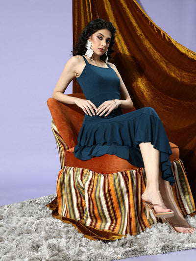 Athena Teal Blue Shoulder Straps A-Line Maxi Flounce Dress - Athena Lifestyle