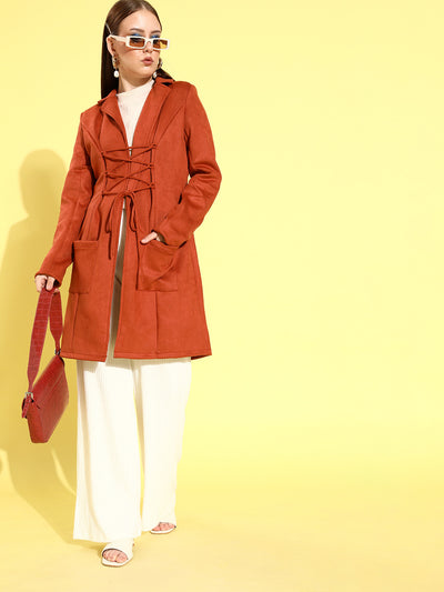 Athena Rust Suede coat with waist Draw-string and pocket details - Athena Lifestyle