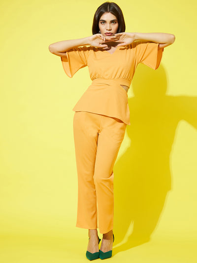 Athena Women Mustard Yellow Solid V-Neck Top and Trousers - Athena Lifestyle