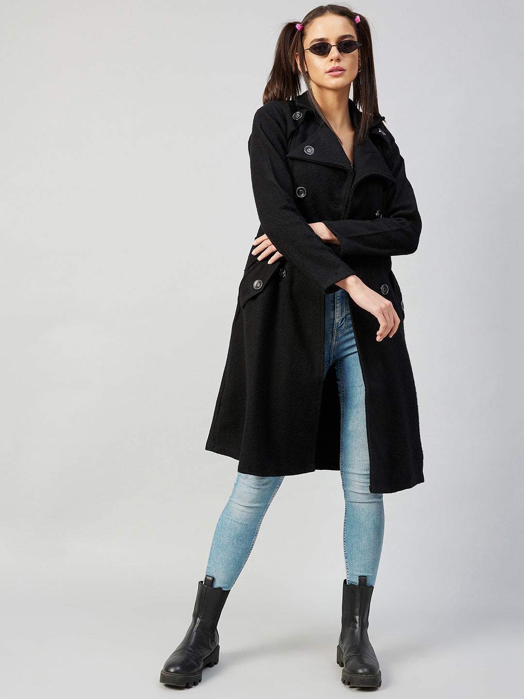 Athena Women Black Solid Double Breasted Trench Coat - Athena Lifestyle