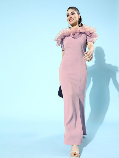 Athena Lavender Scuba Bodycon Maxi Tulle Dress with Ruffled Shoulder - Athena Lifestyle