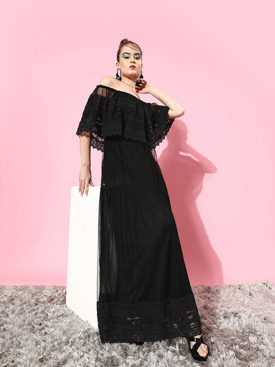 Athena Women Black Self-Design Craft Core Dress - Athena Lifestyle