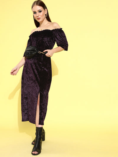 Athena Purple Velvet Bardot Corset Style A-Line Midi Dress - Athena Lifestyle