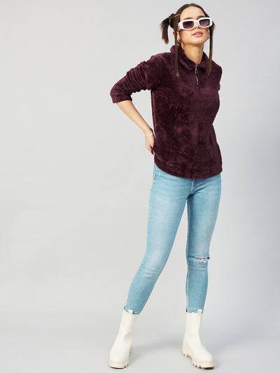 Athena Women Burgundy Solid Spread Collar Sweatshirt - Athena Lifestyle
