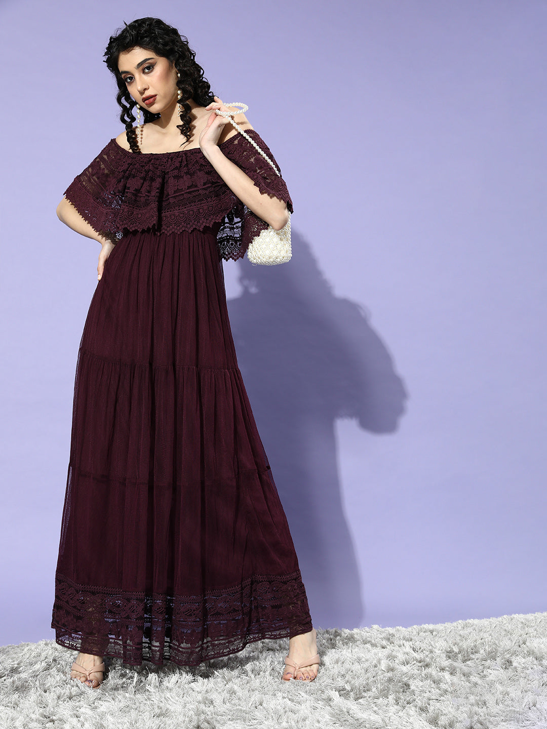 Athena Burgundy Embroidered Off-Shoulder Maxi Dress - Athena Lifestyle