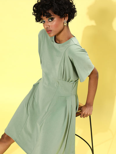 Athena Women Enchanting Sea Green Solid Waisted Dress - Athena Lifestyle