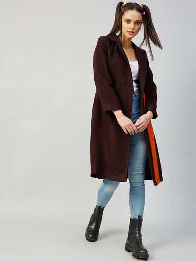 Athena Women Brown Solid Single-Breasted Longline Casual Pea Coat - Athena Lifestyle