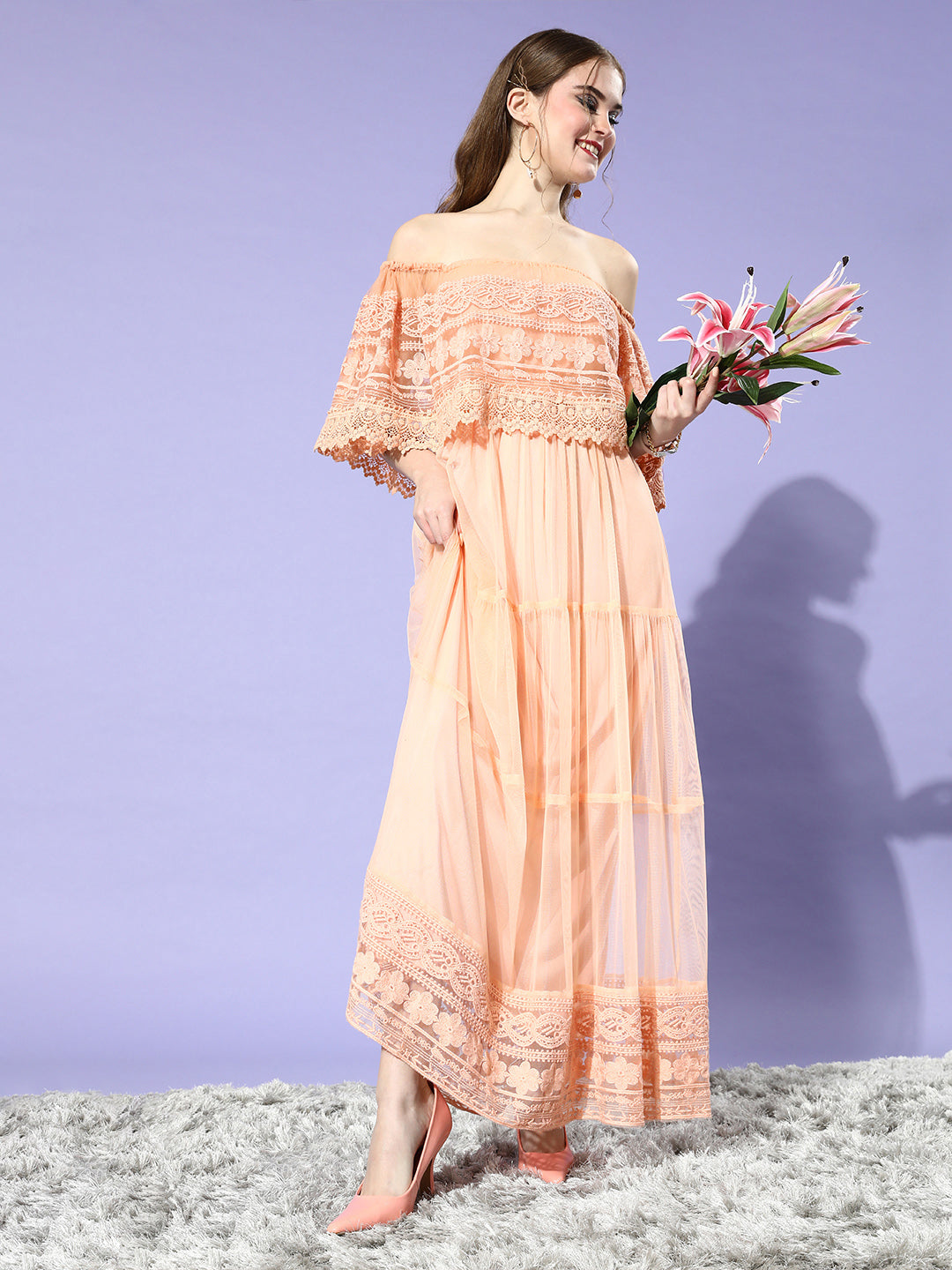 Athena Women Peach Floral Craft Core Dress - Athena Lifestyle