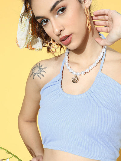Athena Ice Blue scrunchie neck strap off shouler top - Athena Lifestyle