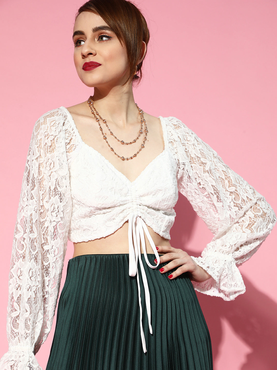Athena White front draw string lace full sleeve top - Athena Lifestyle