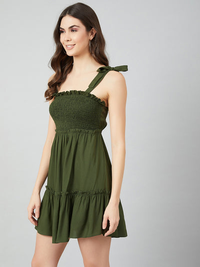 Athena Women Olive Green Solid Fit and Flare Dress - Athena Lifestyle