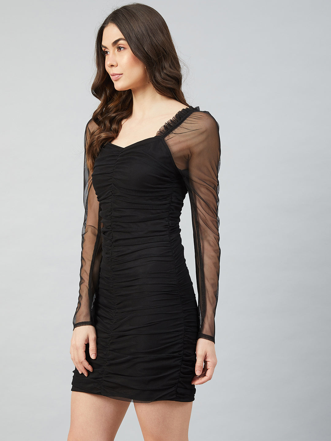 Athena Black Net Ruched Bodycon Dress – athenalifestyle.com