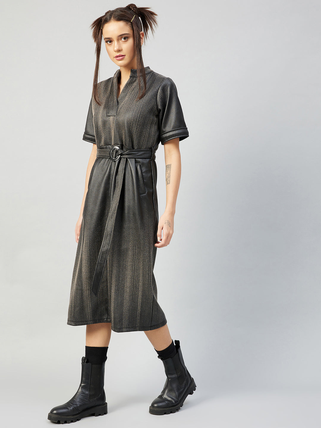 Athena Charcoal Grey Leather Shirt Midi Dress - Athena Lifestyle