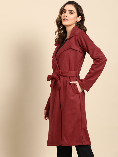 Athena Women Maroon Solid Suede Overcoat - Athena Lifestyle