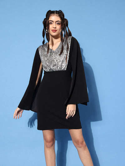 Athena Black & Silver-Toned Embellished Slit Sleeves Bodycon Dress - Athena Lifestyle
