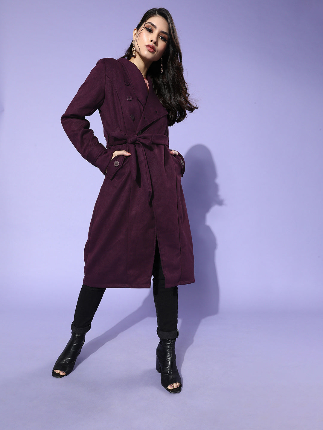 Athena Purple coat with waist Tie-up belt and pocket details - Athena Lifestyle