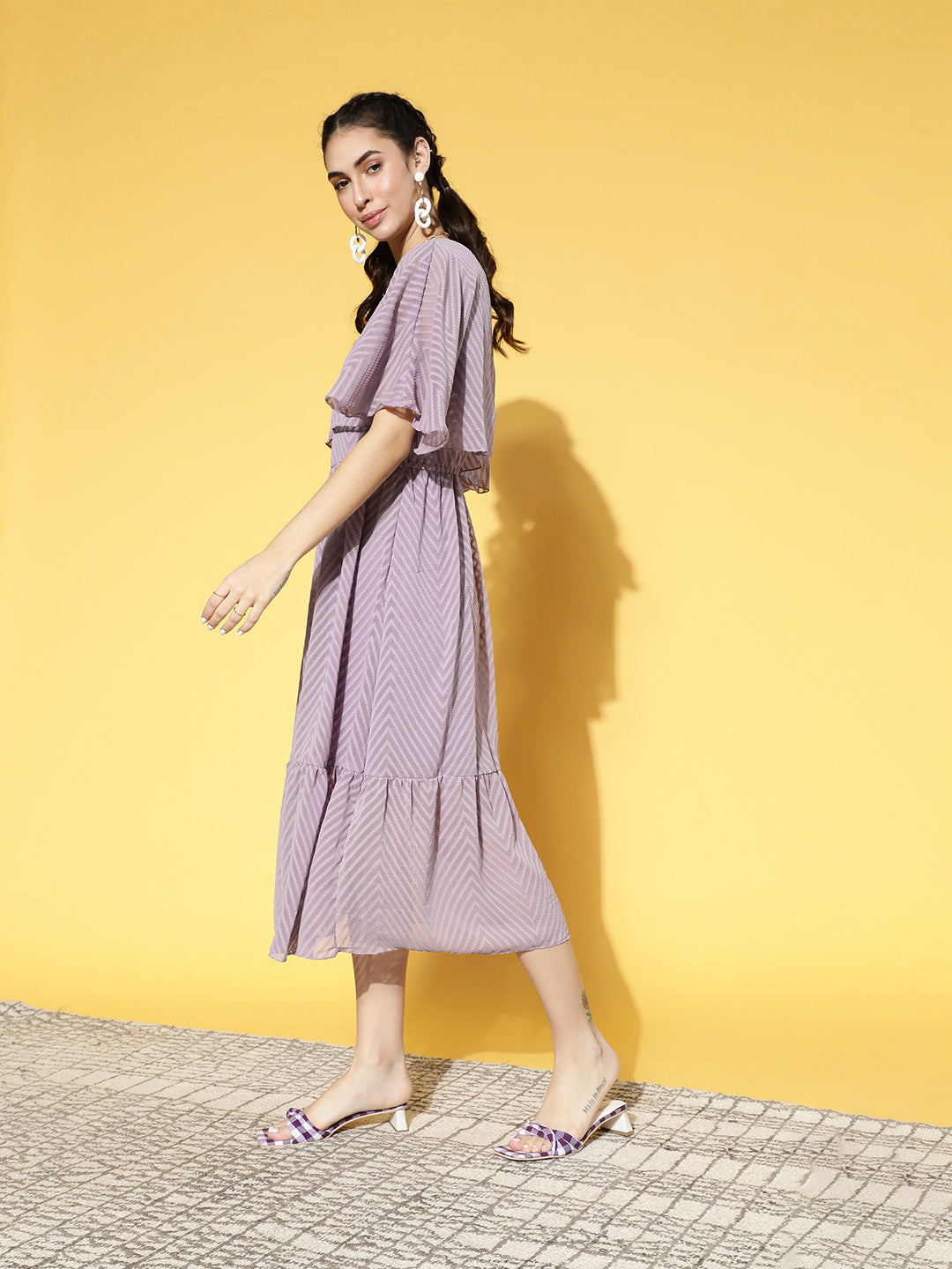 Athena Women Elegant Lavender Self-Design Volume Play Dress - Athena Lifestyle