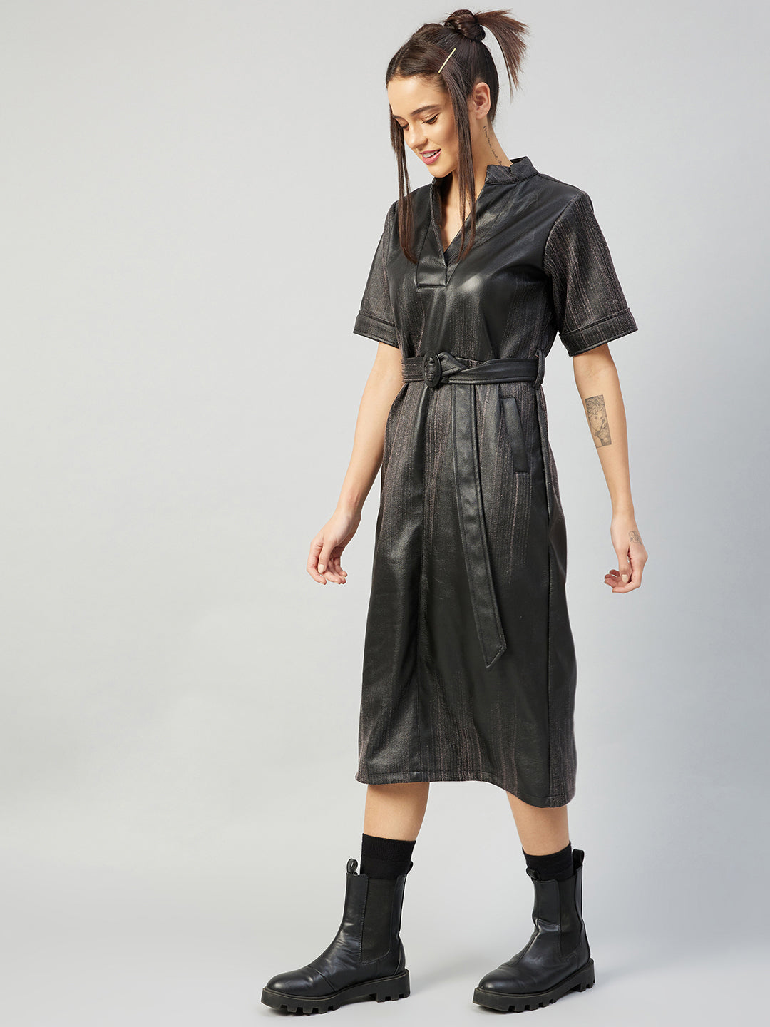 Athena Charocal Black Leather A-Line Midi Dress - Athena Lifestyle
