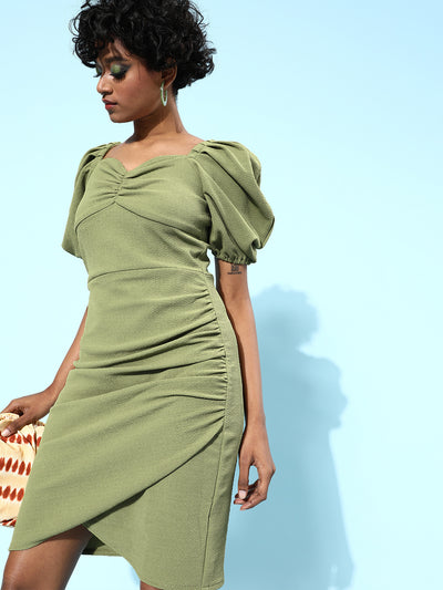 Athena Women Lovely Olive Solid Sweetheart Neck Dress - Athena Lifestyle