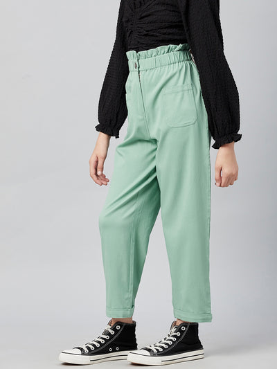Athena Girls Green Relaxed Straight Leg Fit High-Rise Trousers - Athena Lifestyle