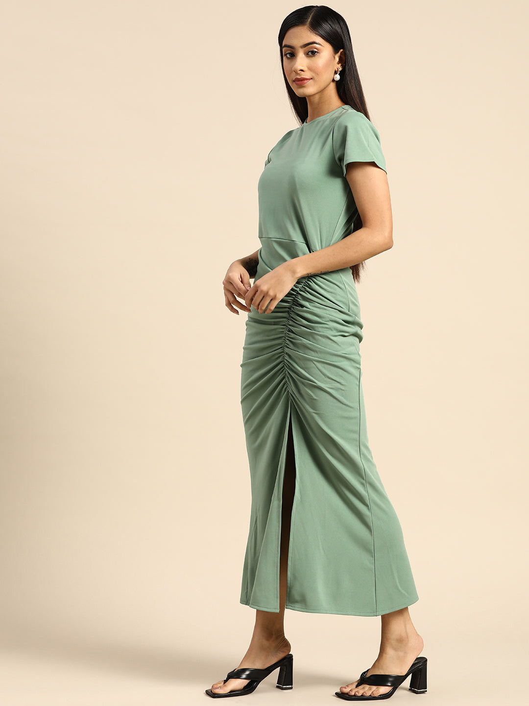 Athena Green Bodycon Ruched Midi Dress - Athena Lifestyle