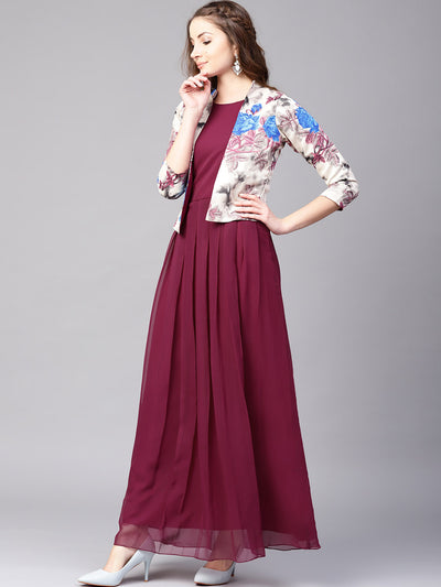 Athena Burgundy Mandarin Collar Maxi Full Length Dress - Athena Lifestyle