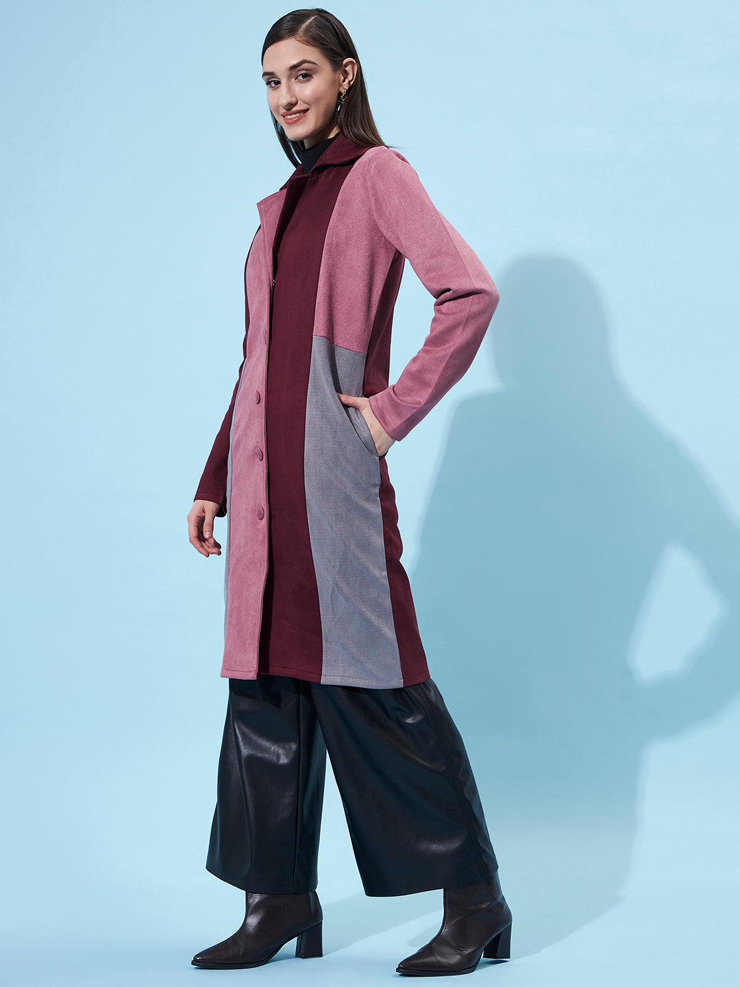 Athena Women Brown & Pink Colourblocked Longline Suede Trench Coat - Athena Lifestyle