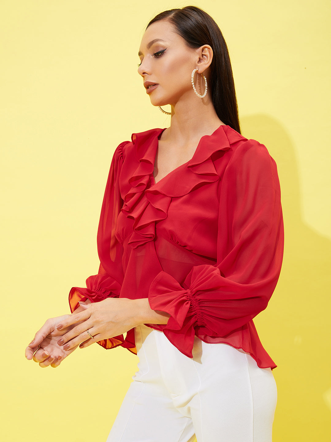 Athena V Neck Ruffles Bell Sleeves Georgette Top - Athena Lifestyle