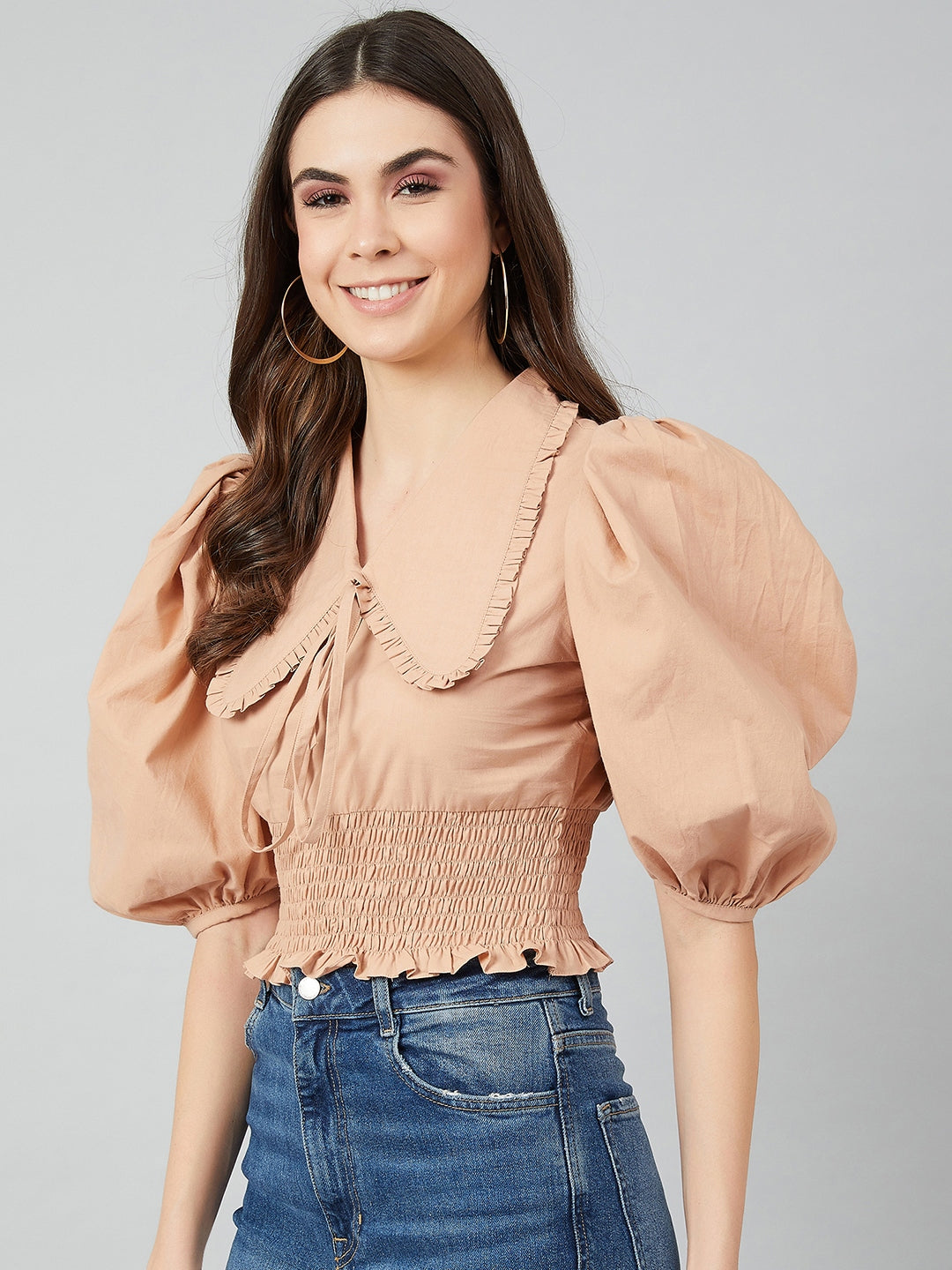 Athena Beige-Coloured Tie-Up Neck Puff Sleeves Pure Cotton Fitted Top - Athena Lifestyle