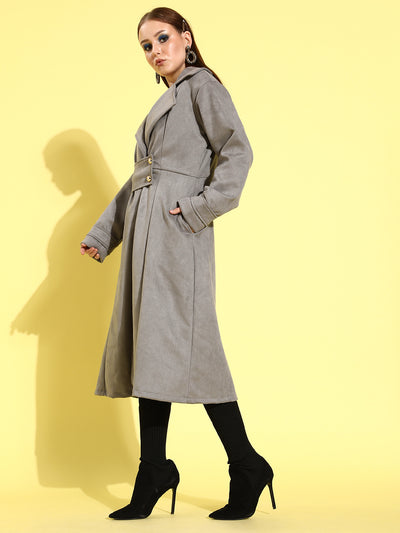 Athena Grey suede Trench-coat with waist lapel and pocket details - Athena Lifestyle