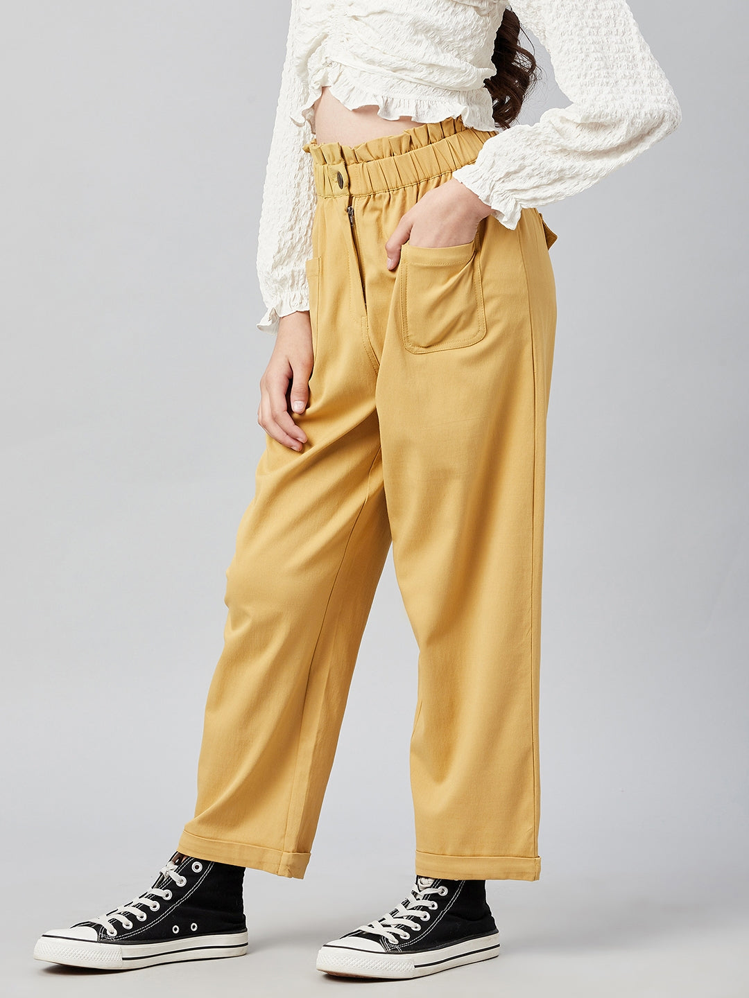 Athena Girl Girls Yellow Relaxed Straight Leg Straight Fit High-Rise Trousers - Athena Lifestyle