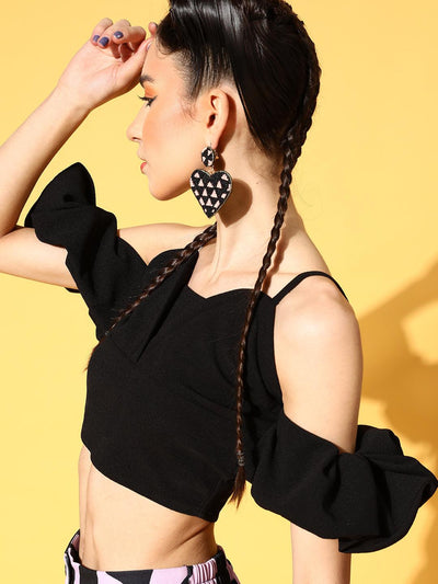 Athena Black V-neck crop top with scrunchie sleeves - Athena Lifestyle