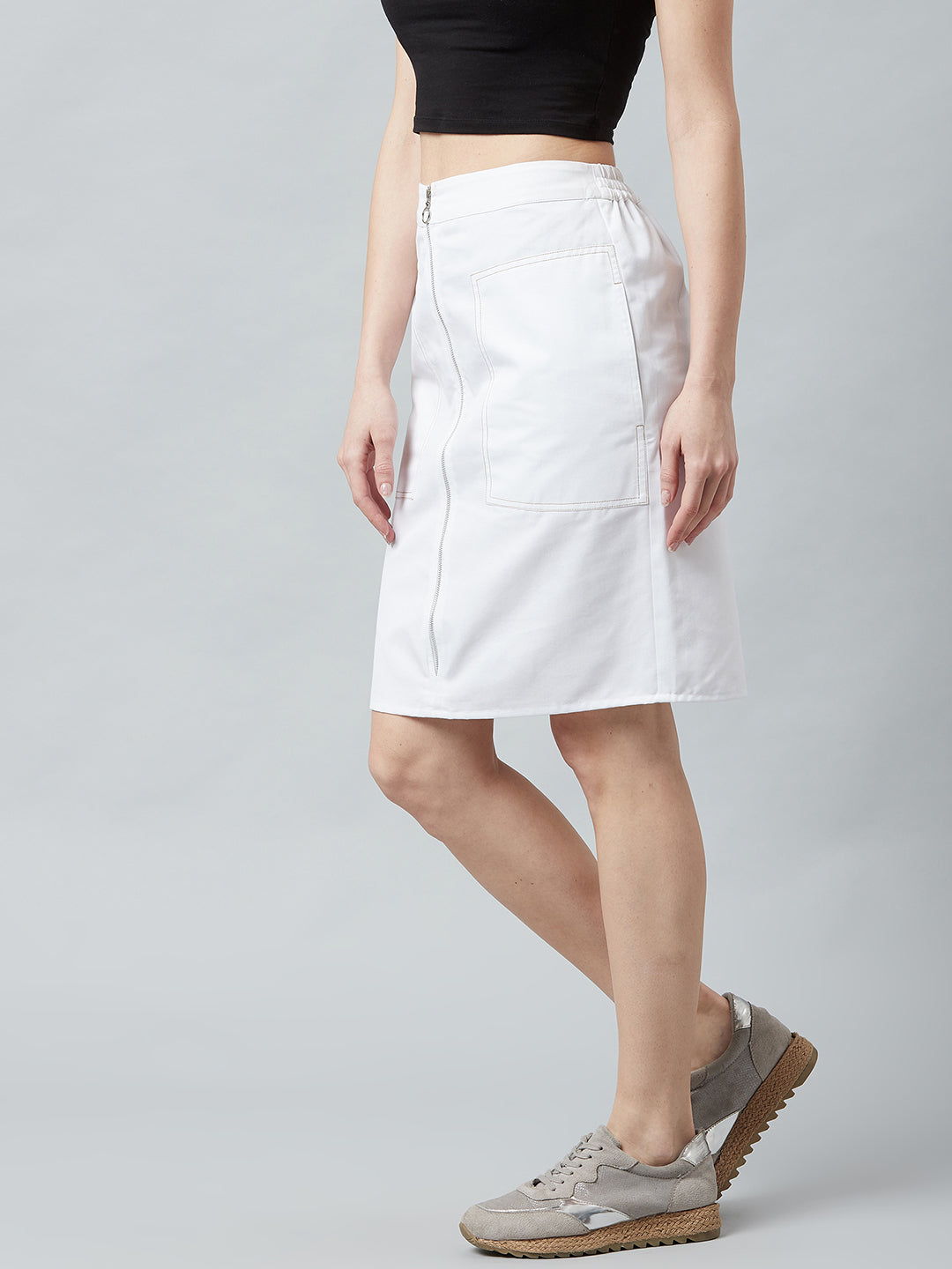 Athena Women White Solid Denim Straight Knee-Length Skirt - Athena Lifestyle